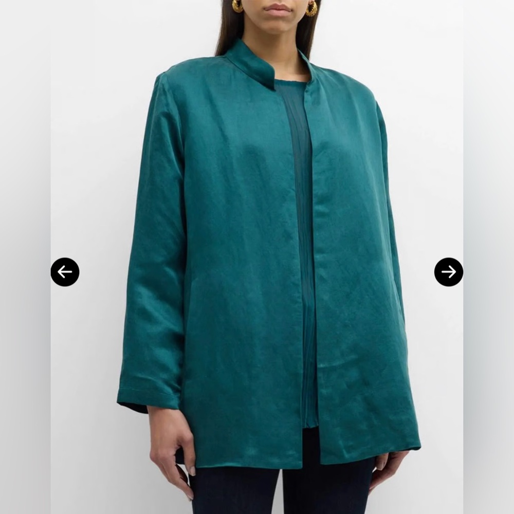 Eileen Fisher Mandarin-Collar Open-Front Satin Jacket in Aegean